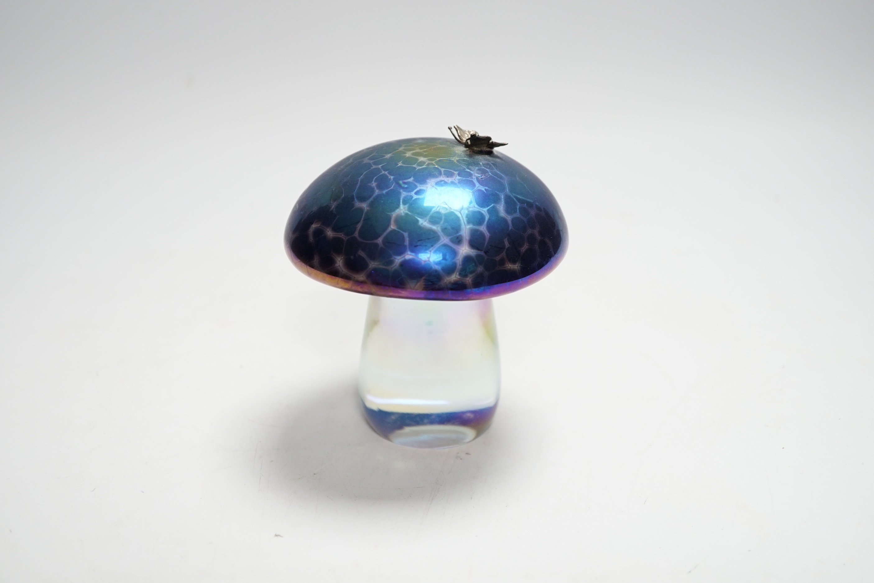 A John Ditchfield Glasform mushroom with applied butterfly, signed to base, 11cm high